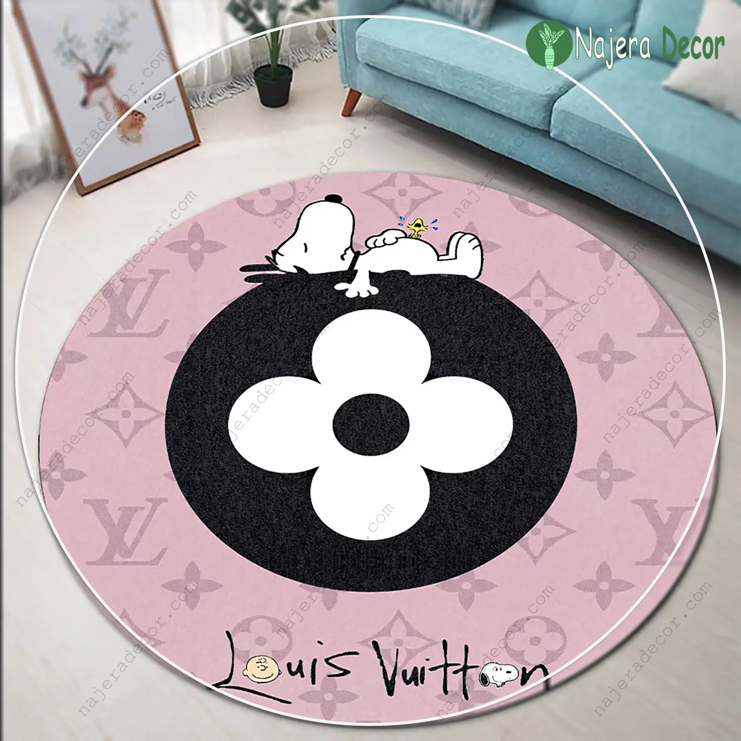 Louis vuitton snoopy pinky luxury brand round rug carpet home decor